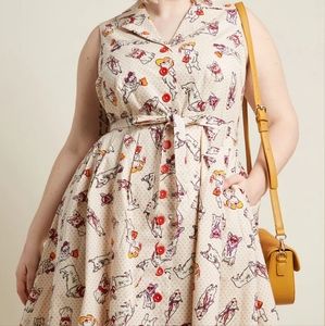 Modcloth Collared Button Up Tie Dress, Size XL, Cream, Corgis.